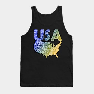 Colorful mandala art map of the United States of America with text in blue and yellow Tank Top